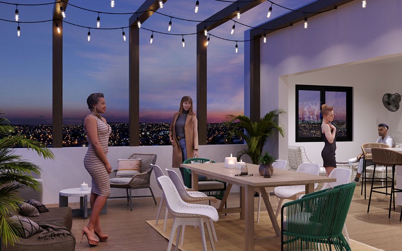 overhead stringed lights brighten rooftop lounge in the evening